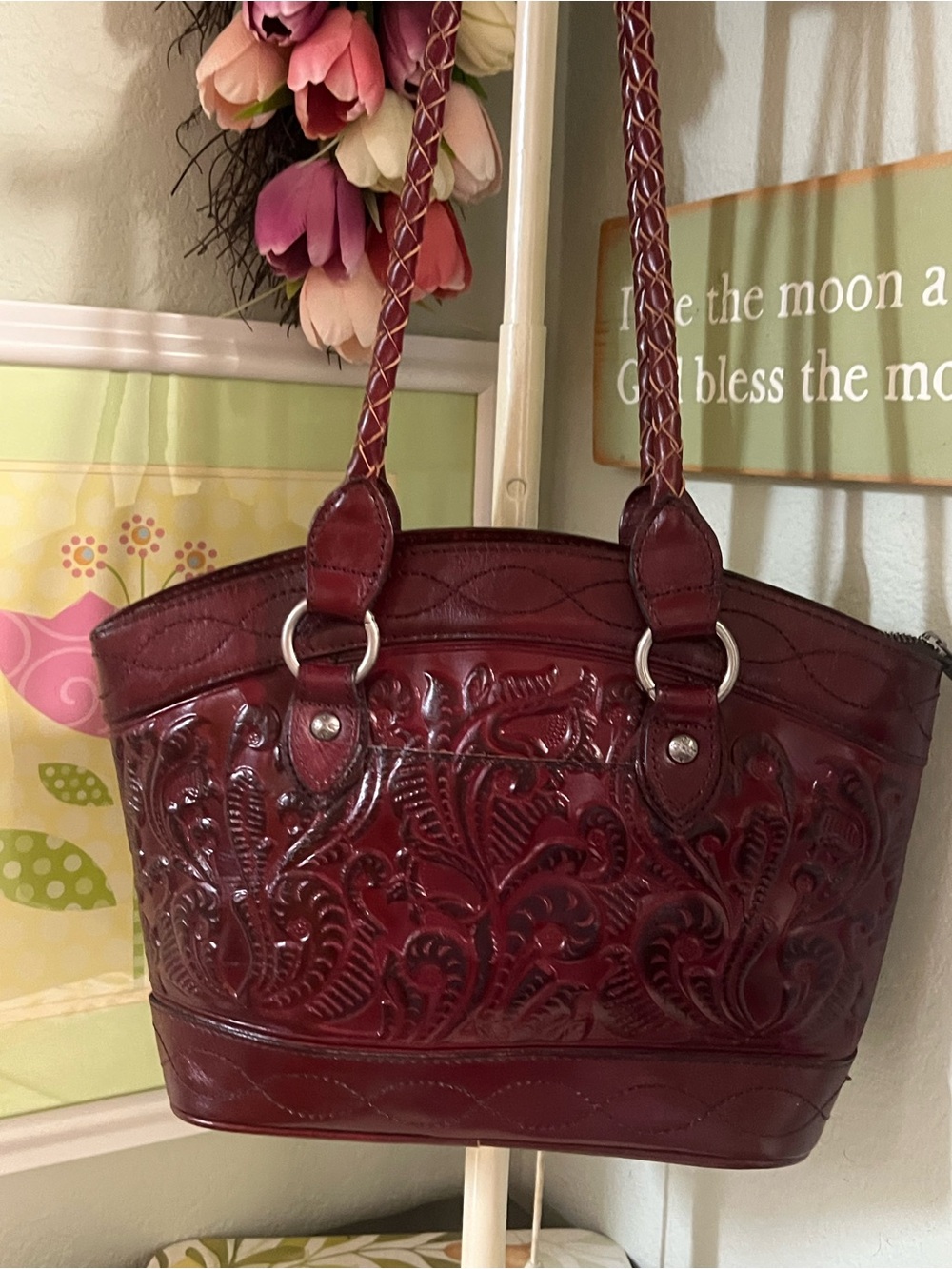 Patricia Nash Burgundy Tooled Plum Leather Shoulder Bag - Picture 9 of 11
